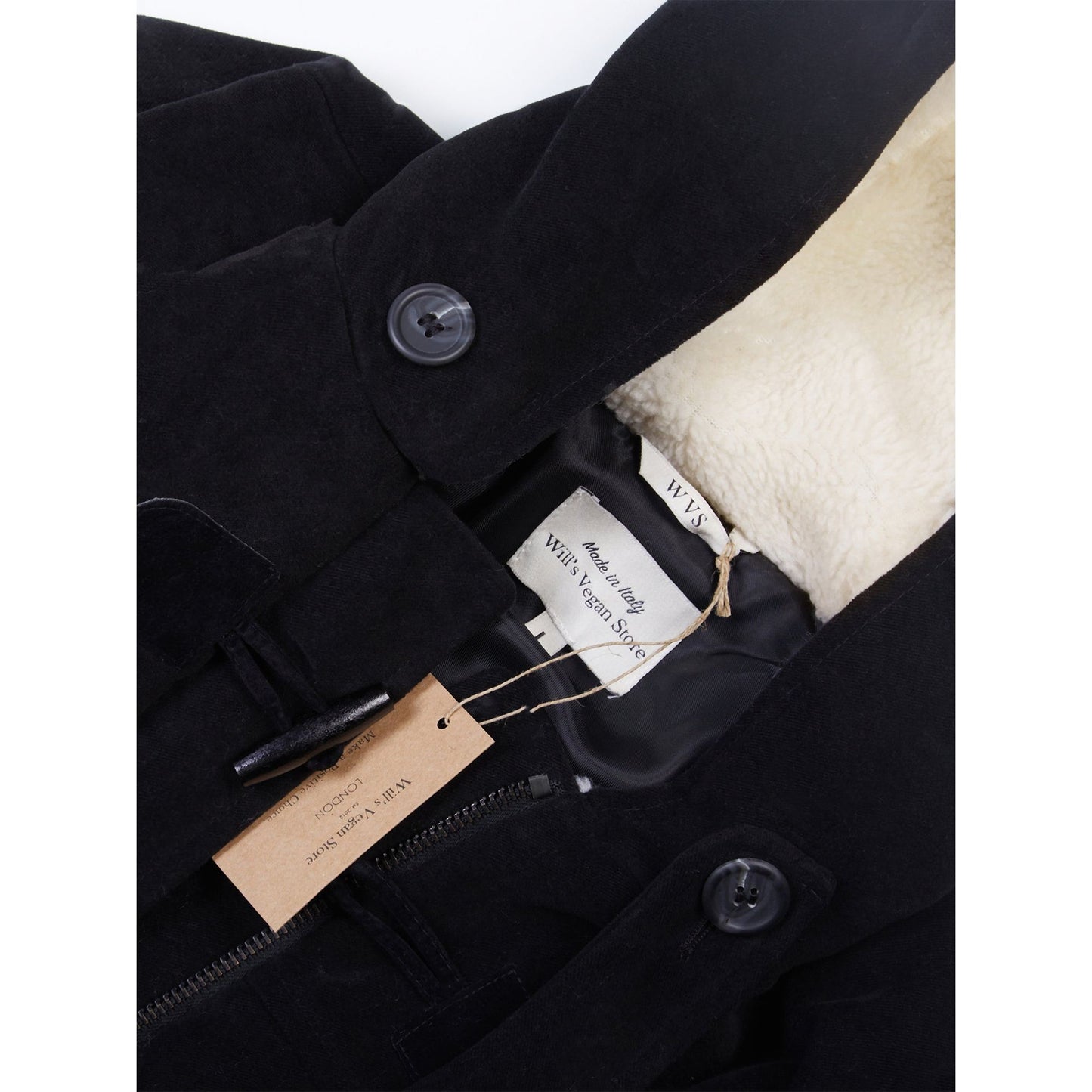 Vegan Wool Duffle Coat with Recycled Vegan Shearling