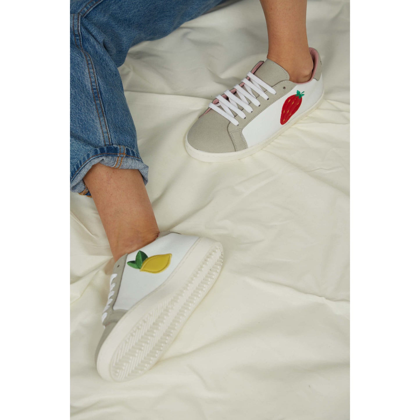Fruit Vegan Leather Embroidered Sneakers | White & Grey