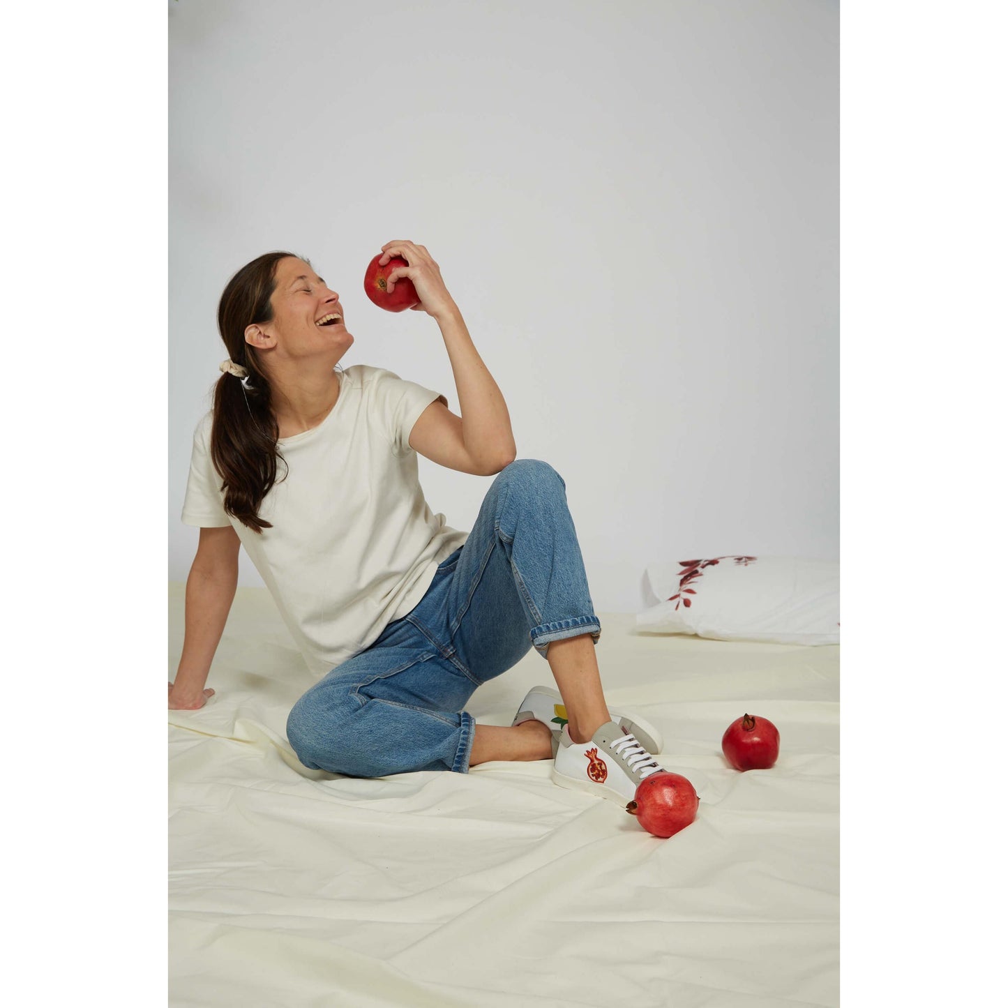 Fruit Vegan Leather Embroidered Sneakers | White & Grey