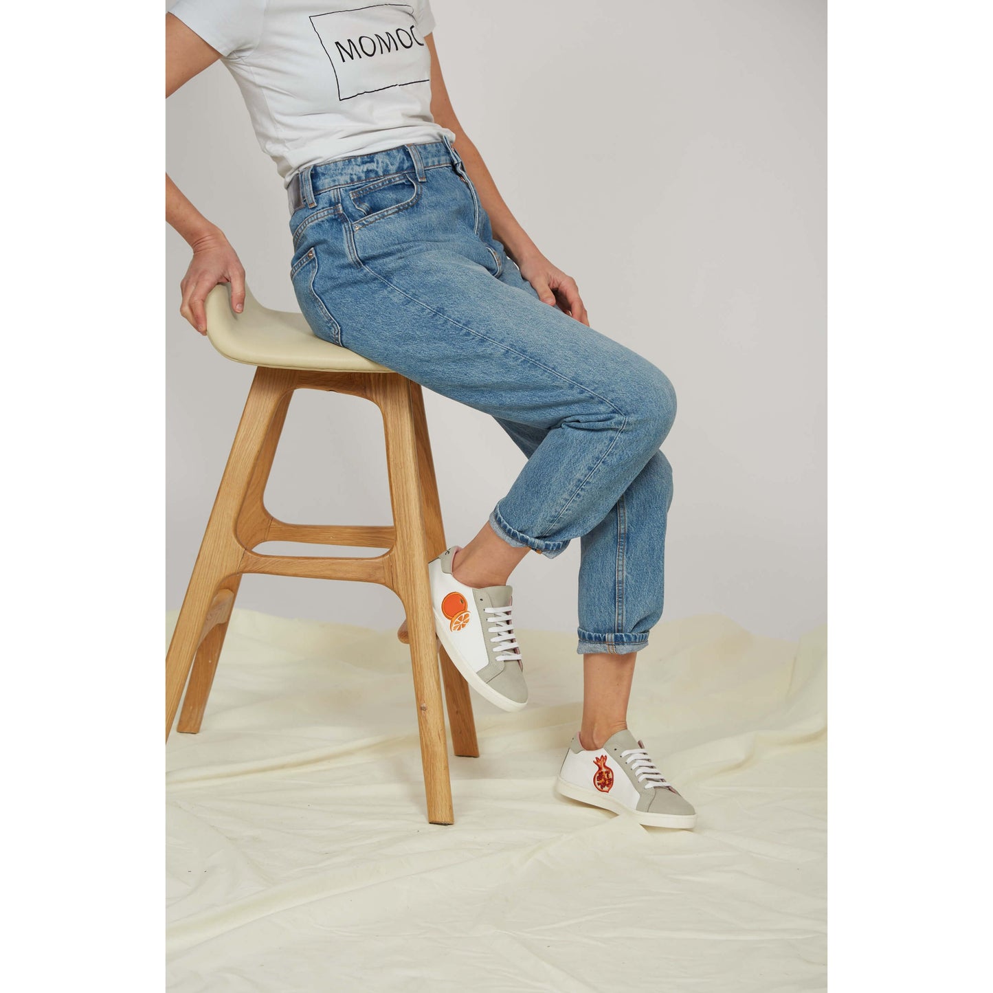 Fruit Vegan Leather Embroidered Sneakers | White & Grey