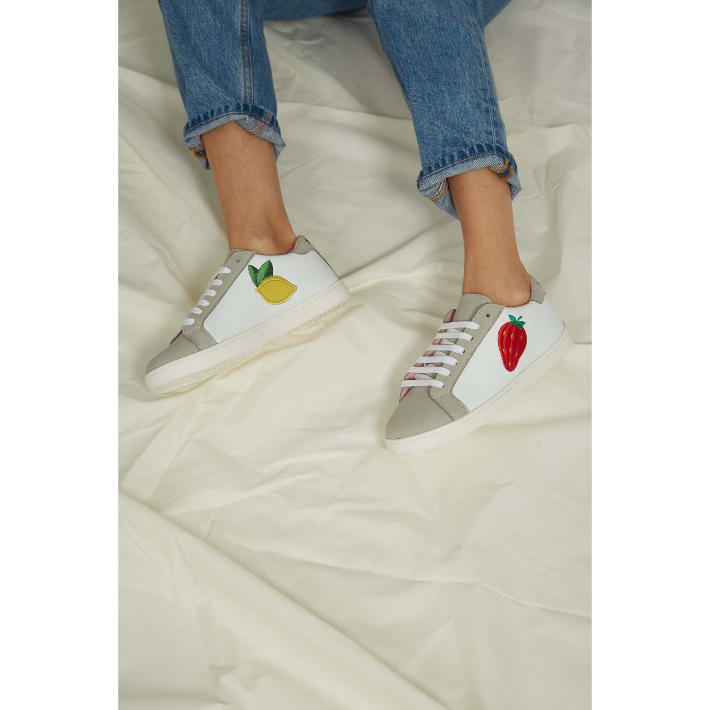 Fruit Vegan Leather Embroidered Sneakers | White & Grey