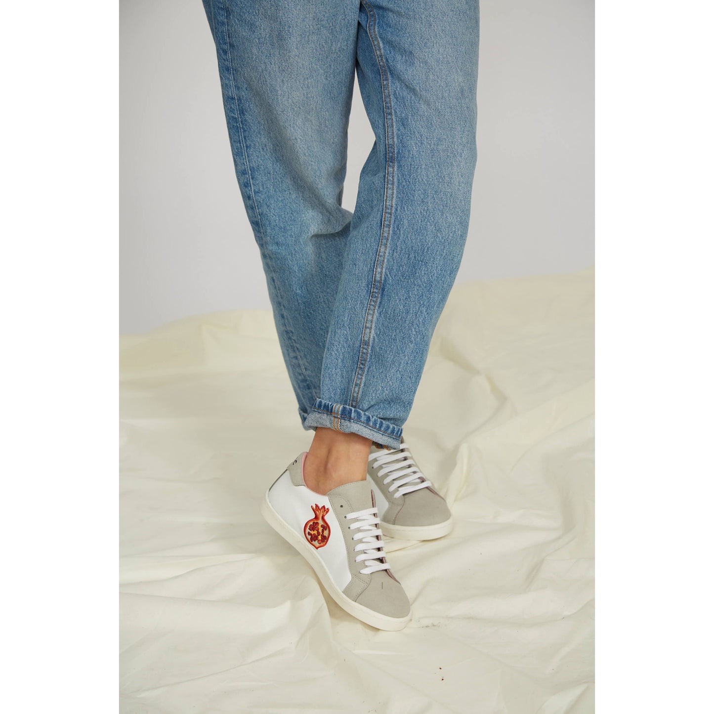 Fruit Vegan Leather Embroidered Sneakers | White & Grey